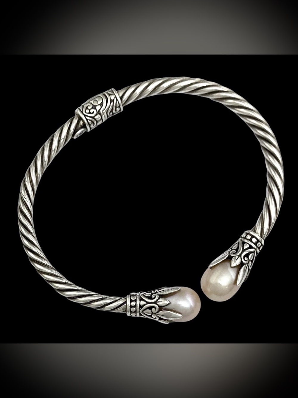 Cultured Freshwater Pearl (8mm) Filigree Bangle Bracelet in Sterling Silver